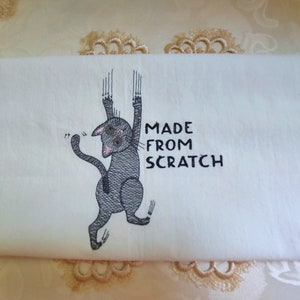 Embroidered Towel - Embroidered Black Cat Made From Scratch - Flour Sack Cotton Tea Towel - Please Promote Animal Rescue!