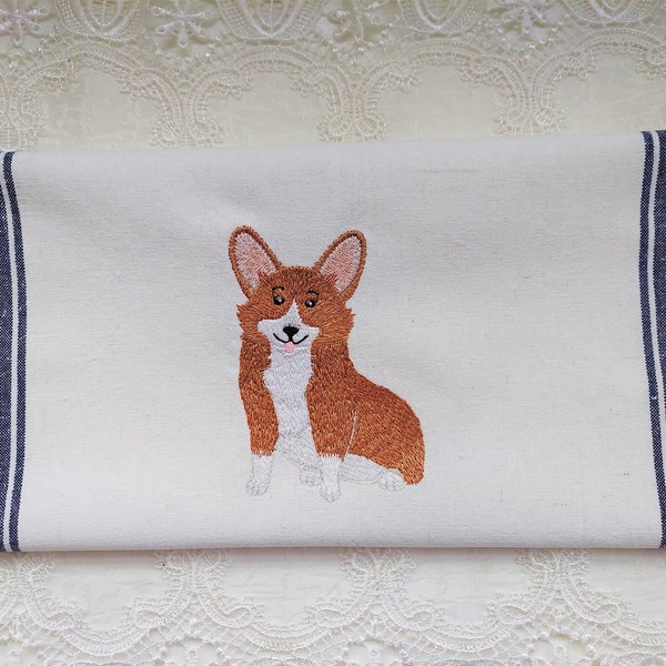 Embroidered Towel - Embroidered Dog Pembroke Welsh Corgi and Soft White Cotton 15x23" Hand Tea Towel - Please Promote Animal Rescue!