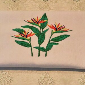 Embroidered Strelitzia Flowers on Cotton Hand Towel - Please Promote Animal Rescue!