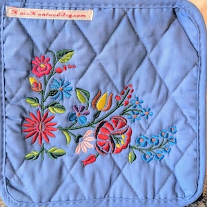 Embroidered Large 8x8 inch Quilted Pot Holder - Hungarian Folklore Design - Please Promote Animal Rescue!
