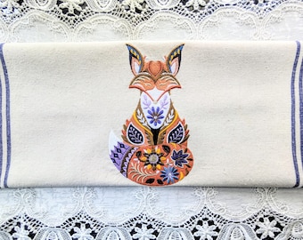 Colorful Fox Design Embroidered on Ivory-Colored Cotton Towel with Purple Striping - Please Promote Animal Rescue!