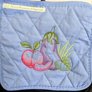 Embroidered Large 8x8 inch Quilted Pot Holder - Eggplant Peach Food Design - Please Promote Animal Rescue!