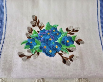 Embroidered Forget Me Nots and Willow Cotton Hand Towel - Please Promote Animal Rescue!