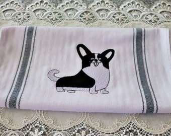 Embroidered Towel - Cute Cardigan Corgi on White-Black Cotton Hand Towel - Please Promote Animal Rescue!