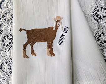 Sassy Cowgirl Goat Embroidered on White Cotton Tea Towel with Black Striping - Please Promote Animal Rescue!
