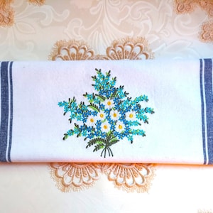 Embroidered Towel - Embroidered Forget-Me-Nots and Daisies Cotton Hand Towel - Please Promote Animal Rescue!