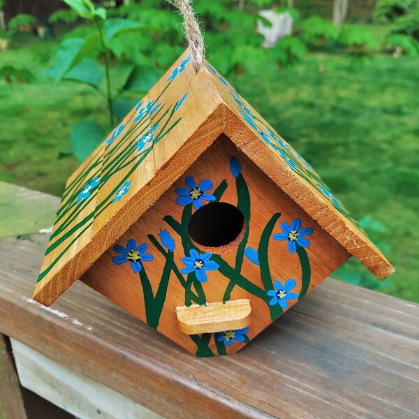 Wooden Birdhouse 6x7x5in - Blue-Eyed Grass Painted in Acrylic on Sturdy Birdhouse - Please Promote Animal Rescue!