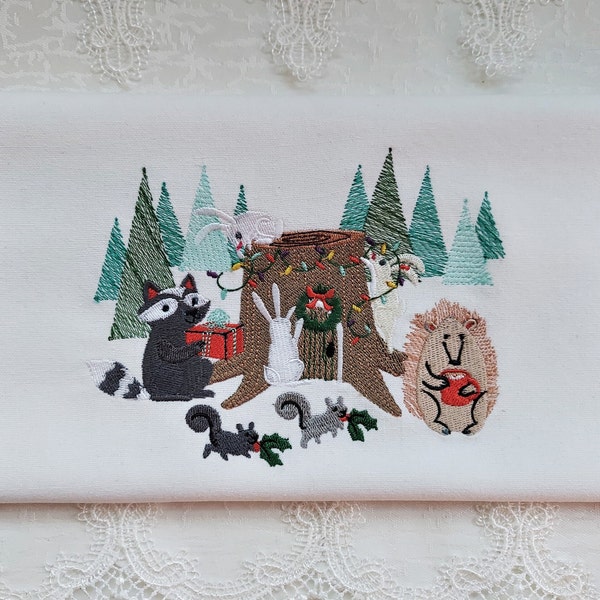 Embroidered Towel - Woodland Critters Christmas Embroidered on White Cotton Tea Hand Towel - Please Promote Animal Rescue!
