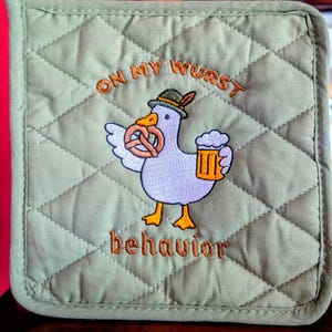 Embroidered Large 8x8 inch Sage Colored Quilted Pot Holder - Oktoberfest Goose Design - Please Promote Animal Rescue!