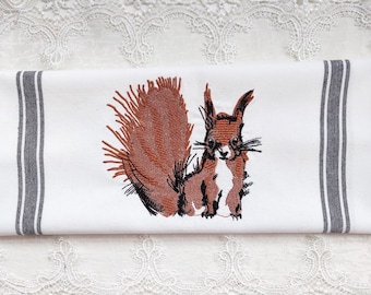 Soulful Squirrel Embroidery on White Cotton Tea Hand Towel - Please Promote Animal Rescue!
