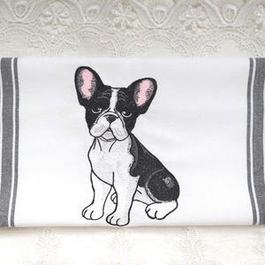 Embroidered Towel - French Bulldog Embroidery on White Cotton Tea Hand Towel - Please Promote Animal Rescue!