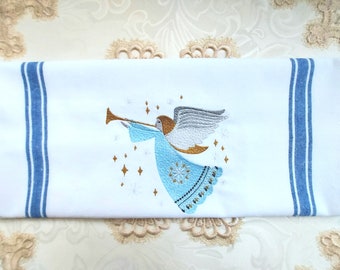 Angel Embroidery on White with Blue Striped Cotton Tea Hand Towel - Please Promote Animal Rescue!
