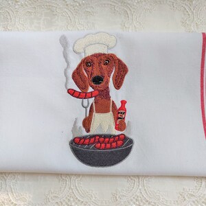 Embroidered Towel - Embroidered Dog - Dachshund Grilling on White Cotton Hand Tea Towel - Please Promote Animal Rescue!
