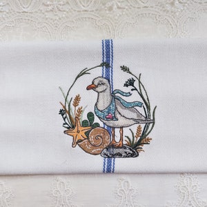 Embroidered Towel - Seagull with Seashells Embroidered on Cotton Tea Hand Towels 15x25 in - Please Promote Animal Rescue!
