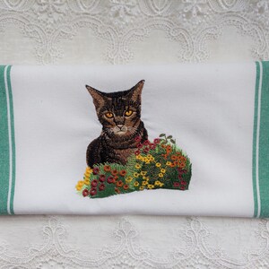 Embroidered Towel - Kitten Embroidery on White Cotton Tea Hand Towel - Please Promote Animal Rescue!