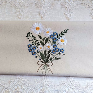Embroidered Towel - Embroidered Forget-Me-Nots and Daisies Cotton Hand Towel - Please Promote Animal Rescue!