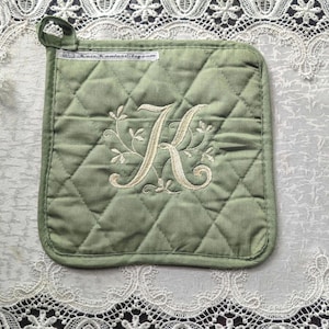 Monogram Embroidered Large 8x8 inch Quilted Pot Holder - Flower Vine Font Design - Please Promote Animal Rescue!