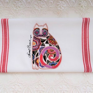 Embroidered Laurel Burch Towel - Flowering Feline Embroidered on White Cotton Tea Hand Towel - Please Promote Animal Rescue!