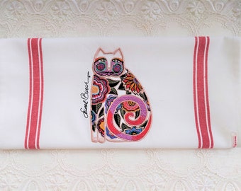 Embroidered Laurel Burch Towel - Flowering Feline Embroidered on White Cotton Tea Hand Towel - Please Promote Animal Rescue!