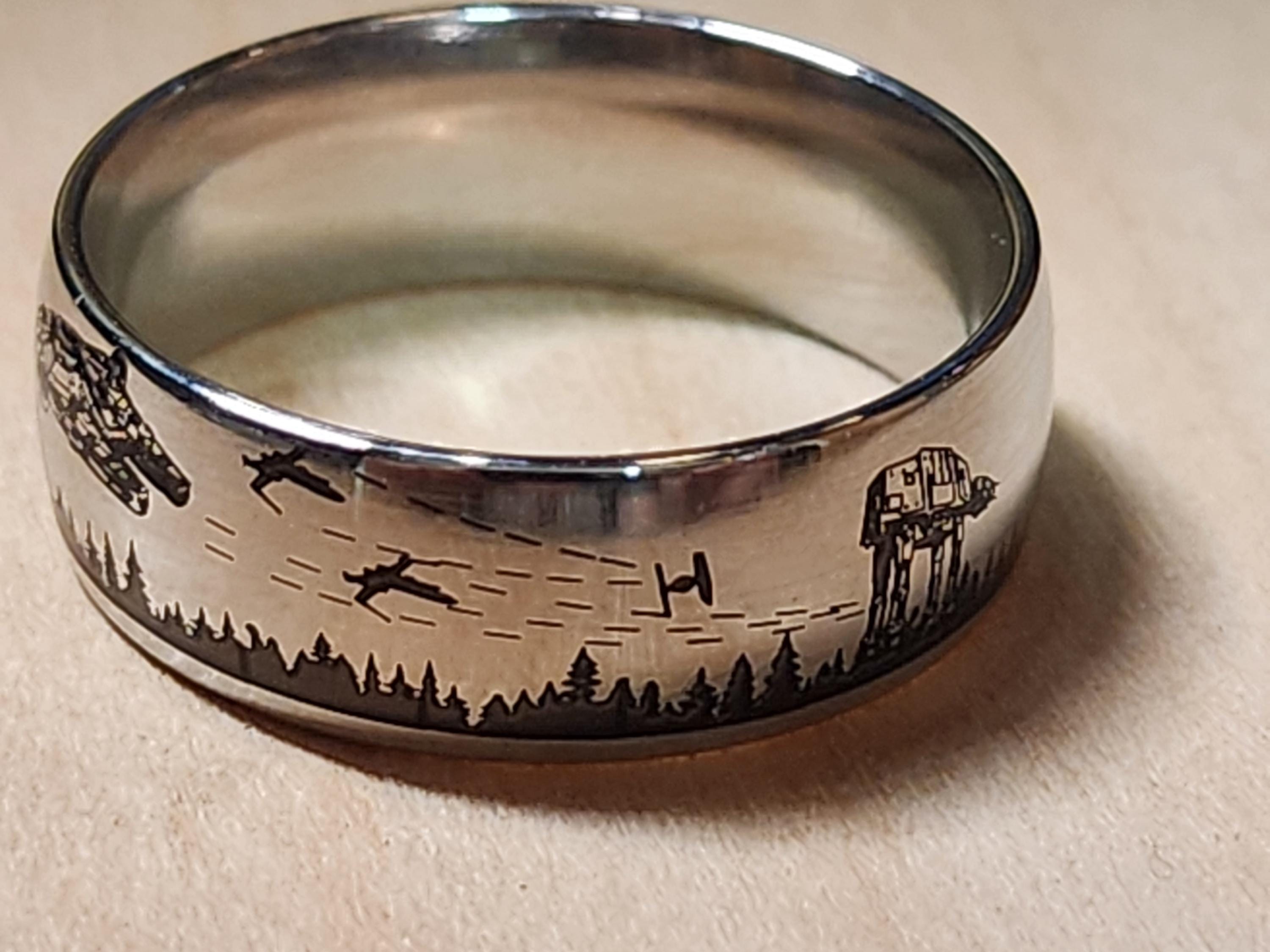Star Wars Wedding Band, Star Wars Endor Battle Scene Titanium Ring, Laser Carved and Resin Filled for Lasting Beauty. Fast Free Shipping.