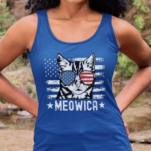 Women's Funny 4th of July Tank Top, Meowica Shirt, Patriotic Tank Top, Cat with American Flag Sunglasses, USA Tank Top, July 4th Outfit