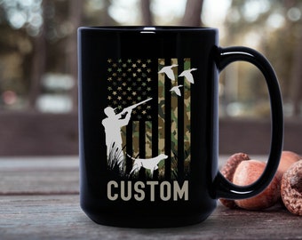 Personalized Camo Flag Man and Dog Duck Hunting Black Mug, Bird Hunting Mug, Pheasant Hunting Mug, Gift for Hunter, Gift for him