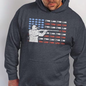 Trap Shooting Hoodie, Skeet Shooting Hoodie, American Flag Hoodie, Shotgun Shell Hoodie, Patriotic Hoodie for Shooters Dark Heather Grey