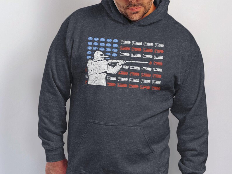 Trap Shooting Hoodie, Skeet Shooting Hoodie, American Flag Hoodie, Shotgun Shell Hoodie, Patriotic Hoodie for Shooters Dark Heather Grey