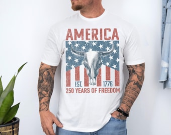 America 250 Years Freedom Western Bull Skull Shirt | Patriotic USA 4th July Tee