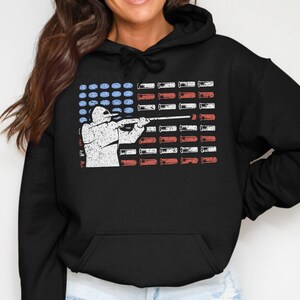 Trap Shooting Hoodie, Skeet Shooting Hoodie, American Flag Hoodie, Shotgun Shell Hoodie, Patriotic Hoodie for Shooters Black
