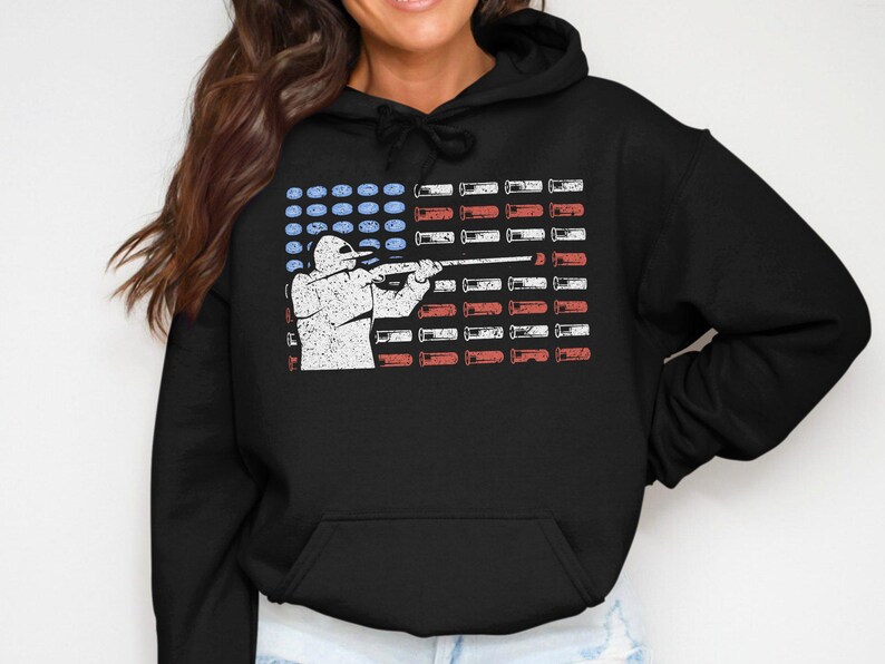 Trap Shooting Hoodie, Skeet Shooting Hoodie, American Flag Hoodie, Shotgun Shell Hoodie, Patriotic Hoodie for Shooters Black