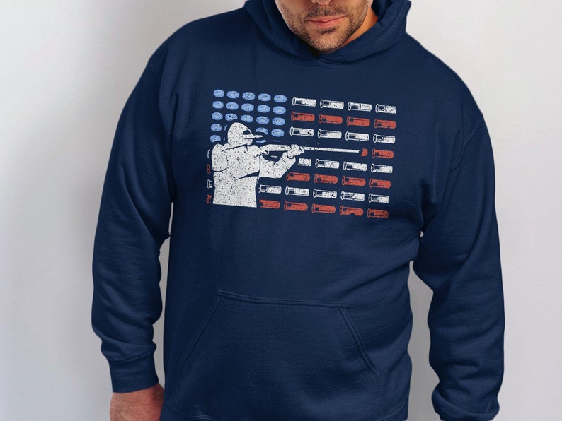 Trap Shooting Hoodie, Skeet Shooting Hoodie, American Flag Hoodie, Shotgun Shell Hoodie, Patriotic Hoodie for Shooters imagen 1