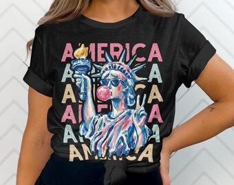 Statue of Liberty Bubblegum 4th of July Tshirt for Women | Trendy Patriotic Tee | Cute Summer Holiday Outfit