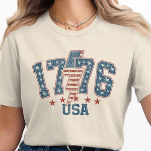 Retro Vintage Y2k USA 1776 4th of July Tshirt | Lightning tee for America 250 Birthday with Distressed Flag