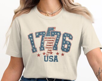 Retro Vintage Y2k USA 1776 4th of July Tshirt | Lightning tee for America 250 Birthday with Distressed Flag
