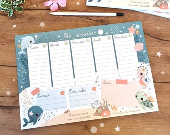 Planner hebdomadaire A4 océan, Bloc-notes A4 été, Planificateur semaine A4, Semainier, Bloc-notes kawaii animaux marins