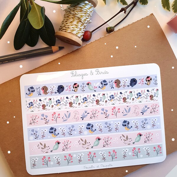 Stickers masking tape oiseaux, Stickers oiseaux, Stickers bullet journal, Stickers fleurs, Autocollants feuillages,  Stickers vinyle