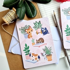 Carte chats, Carte plantes , Cartes de vœux, Cartes fête des mères, Carte postale chats, Cartes chats kawaii, Cartes de vœux chats plantes
