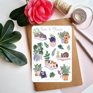 Stickers chats, Feuille stickers chats plantes, Stickers bullet journal, Stickers planner, Autocollants chats, Stickers kawaii chats plantes