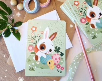 Carte lapin, Carte printemps , Cartes de vœux, Cartes Pâques, Carte postale lapin, Cartes printemps kawaii, Cartes de vœux Pâques, Poussin