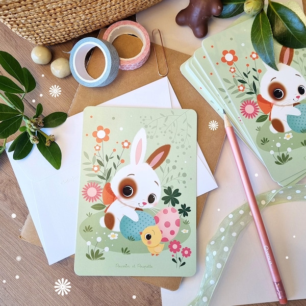 Carte lapin, Carte printemps , Cartes de vœux, Cartes Pâques, Carte postale lapin, Cartes printemps kawaii, Cartes de vœux Pâques, Poussin