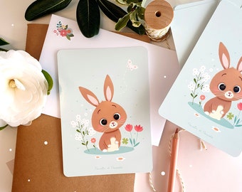 Carte lapin, Carte printemps , Cartes de vœux, Cartes Pâques, Carte postale lapin, Cartes printemps kawaii, Cartes de vœux Pâques, Lapin