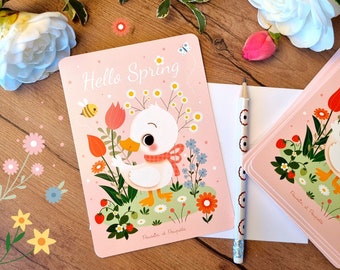 Carte canard, Carte printemps , Cartes de vœux, Cartes Pâques, Carte postale canard, Cartes printemps kawaii, Cartes de vœux Pâques