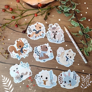 Sticker vinyle hiver, Autocollant animaux foret, Autocollant vinyle écureuil, Sticker vinyle kawaii, Autocollant vinyle, Animaux forêt