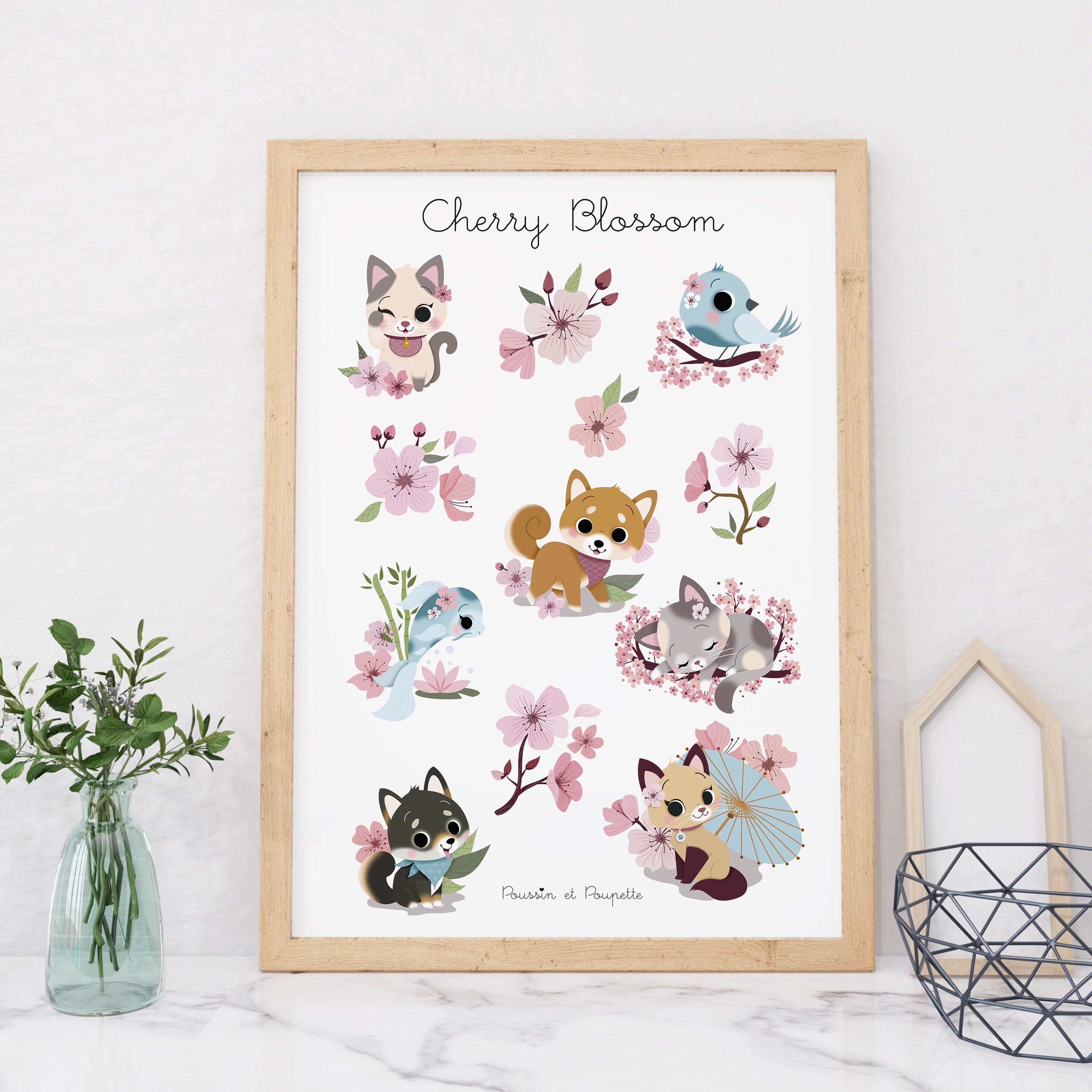 Affiche Japon , Illustration Fleurs de Cerisier , Affiche Printemps, Affiche Chats Mignons