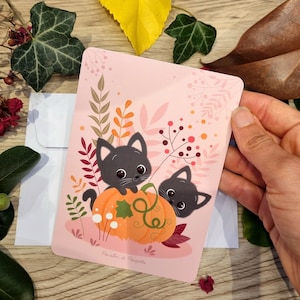 Halloween card, Autumn card, Greeting cards, Pumpkin cat cards, Kawaii Halloween cards