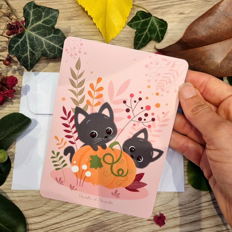 Carte halloween, Carte automne, Cartes de vœux, Cartes chat citrouille, Cartes halloween kawaii image 1