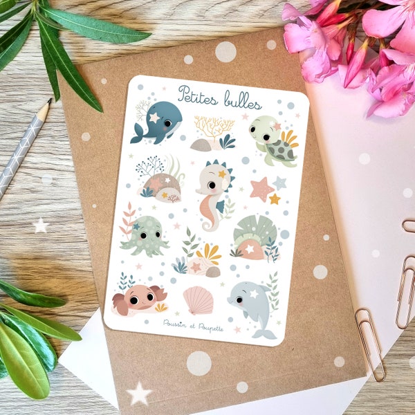 Stickers animaux océan, Feuille stickers été, Stickers bullet journal, Stickers planner, Autocollants marin, Stickers kawaii océan