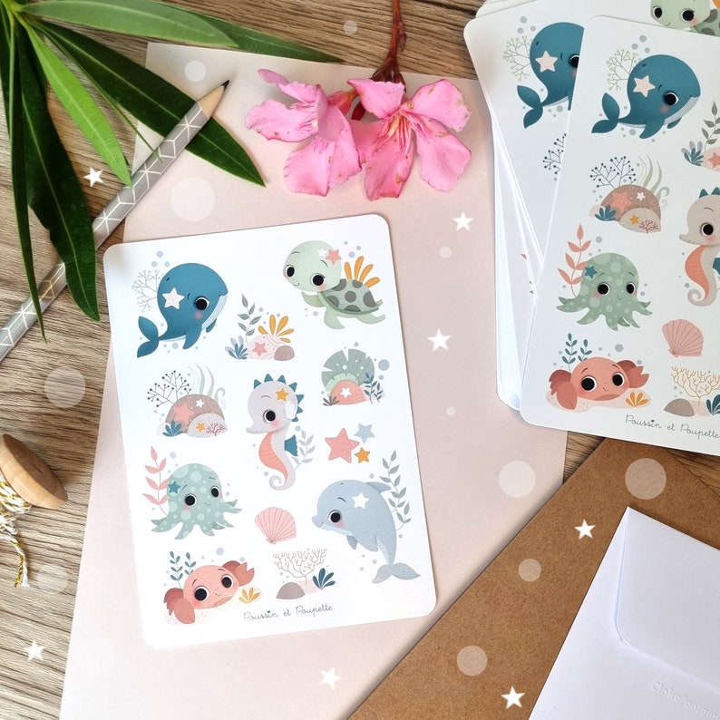 Carte océan, Carte mer, Cartes de vœux, Cartes animaux marins, Cartes kawaii, Cartes de vœux ilustrée image 1
