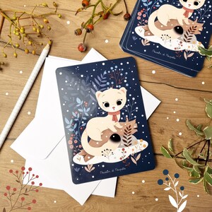 Carte Noël, Carte Hiver , Cartes de vœux,  Carte postale Hermine, Cartes Noël kawaii, Cartes de vœux Noël, Cadeau Noël